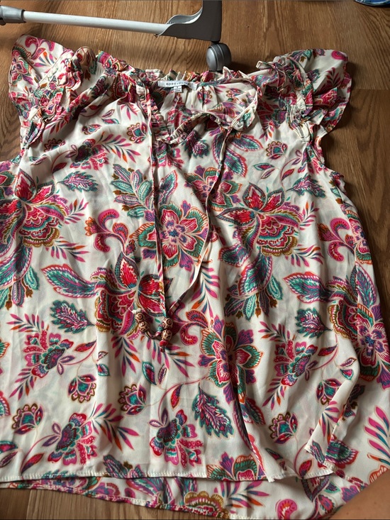 Tops - Boho Floral Tie-Neck Women’s Top - Cream with Pink & Teal